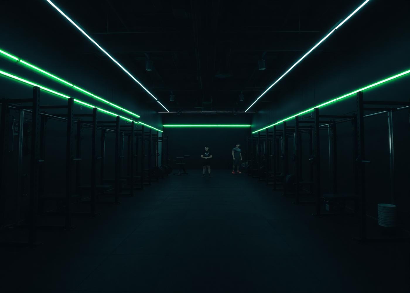 Premium performance gym interior with lime accent lighting